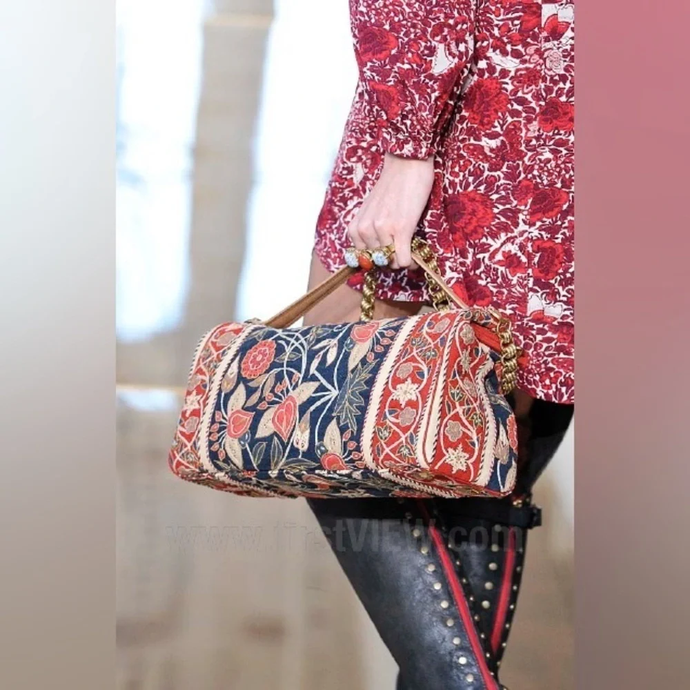 Tory Burch Tapestry Embroidered Barrel Bag‎ Floral Carpet Navy Red Gold GUC